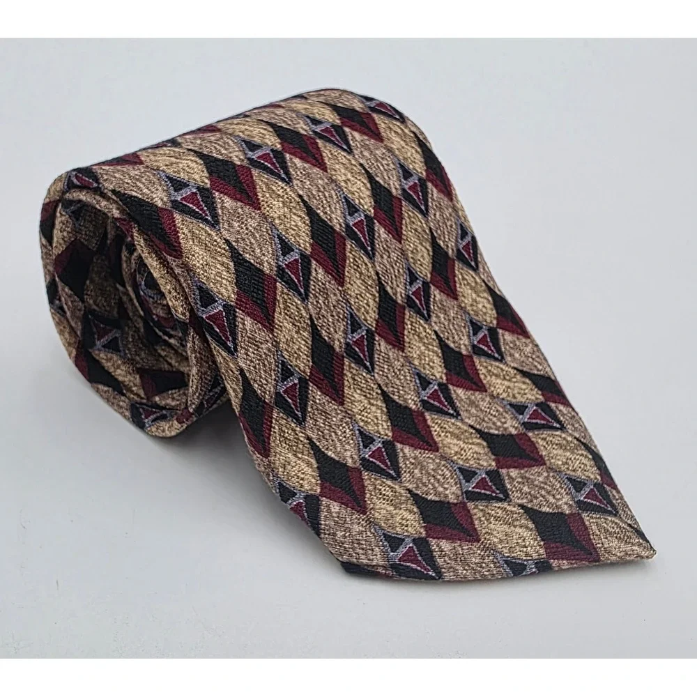 Ermenegildo Zegna Mens Silk Tie Gold Burgundy Black Geometric Diamond Made Italy